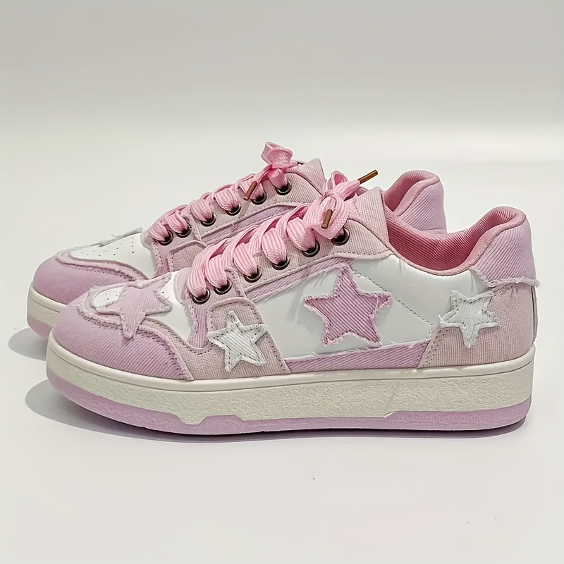 Low-Top Lace-Up Women'S Star-Studded Trendy Sneakers, All-Season Breathable Casual Athletic Shoes, Street Style, Comfortable And Durable, Suitable for Daily Leisure, Outdoor Hiking, Vacation Outings, Etc, Women Shoes