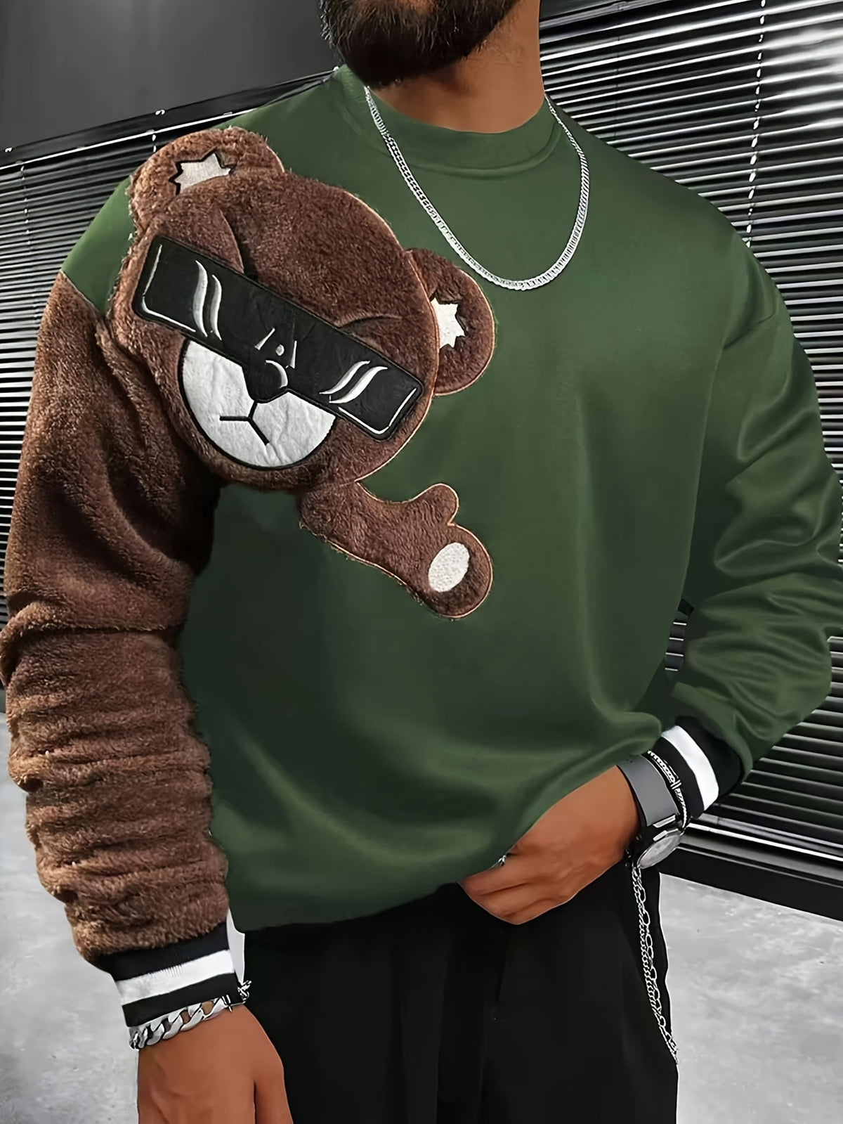 Men'S Fashion Cartoon Bear Long Sleeve Pullover Creative Plush Spliced Casual Sweatshirt