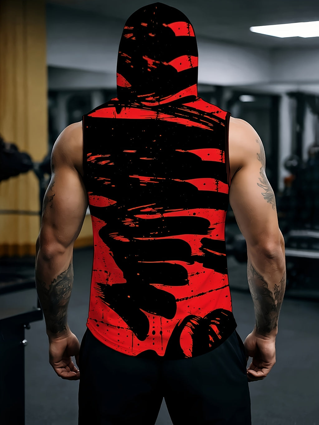 Men'S Hooded Sleeveless Top Black And White Ink Splash Print Sports Fitness Vest Daily Casual Trendy Versatile Breathable Comfortable Slim Fit for Workout Gym Training