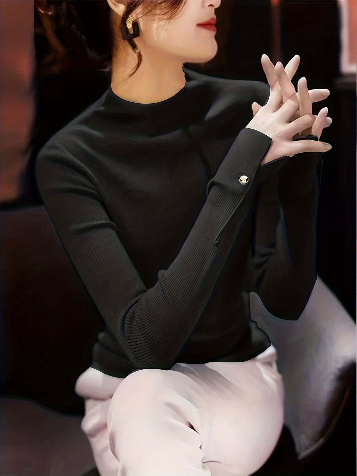 [Elegant Chic Undershirt] Women's Semi-High Collar Fashionable Elegant Chic Cuff Button Long Sleeve Undershirt Top - Daily Commute - Work And Outings