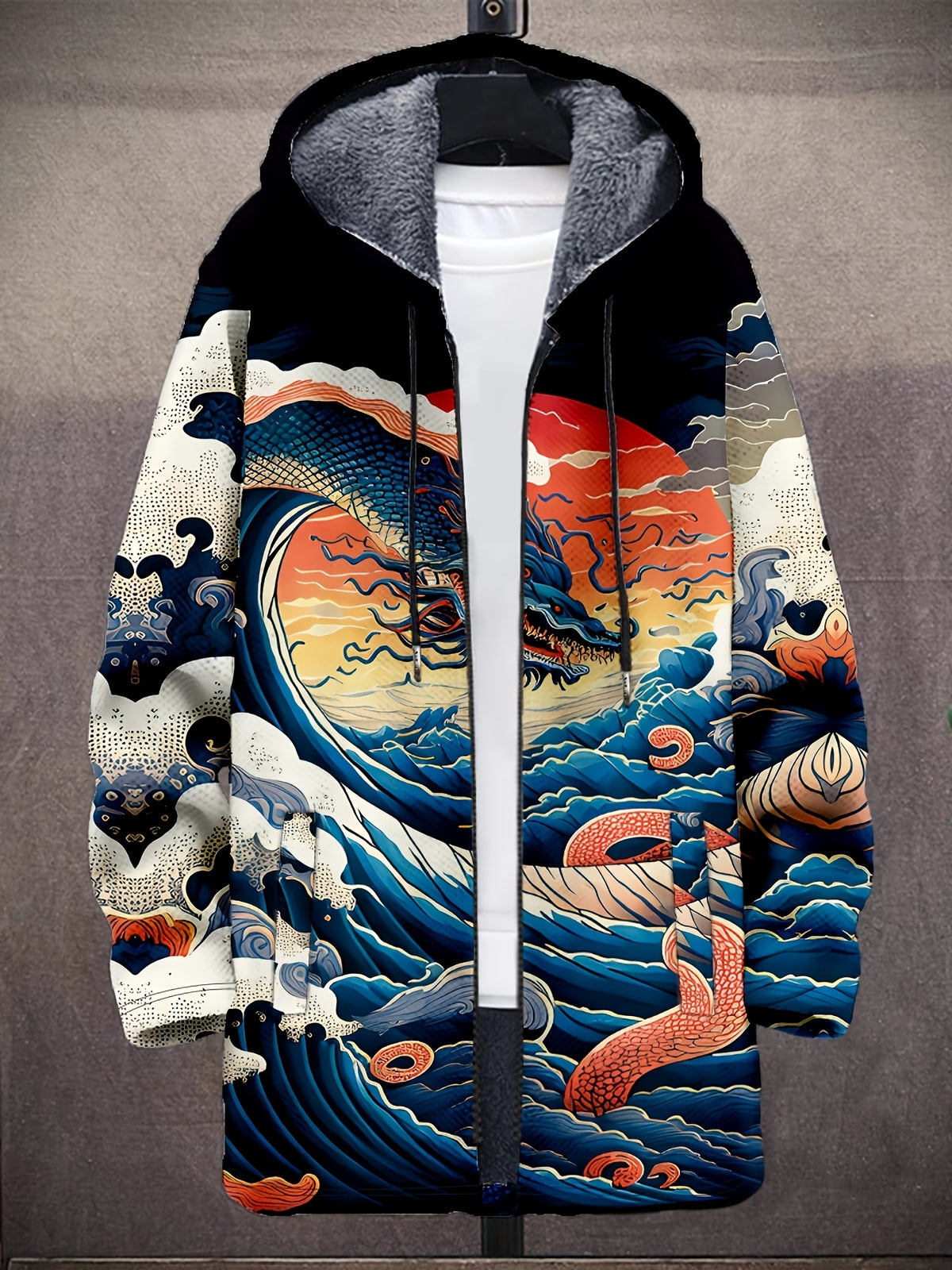 Vintage Wave Art Design Pattern 3D Print Fashion Men's Plush Cardigan Coat Thick Winter Casual Warm Zip Hooded Jacket