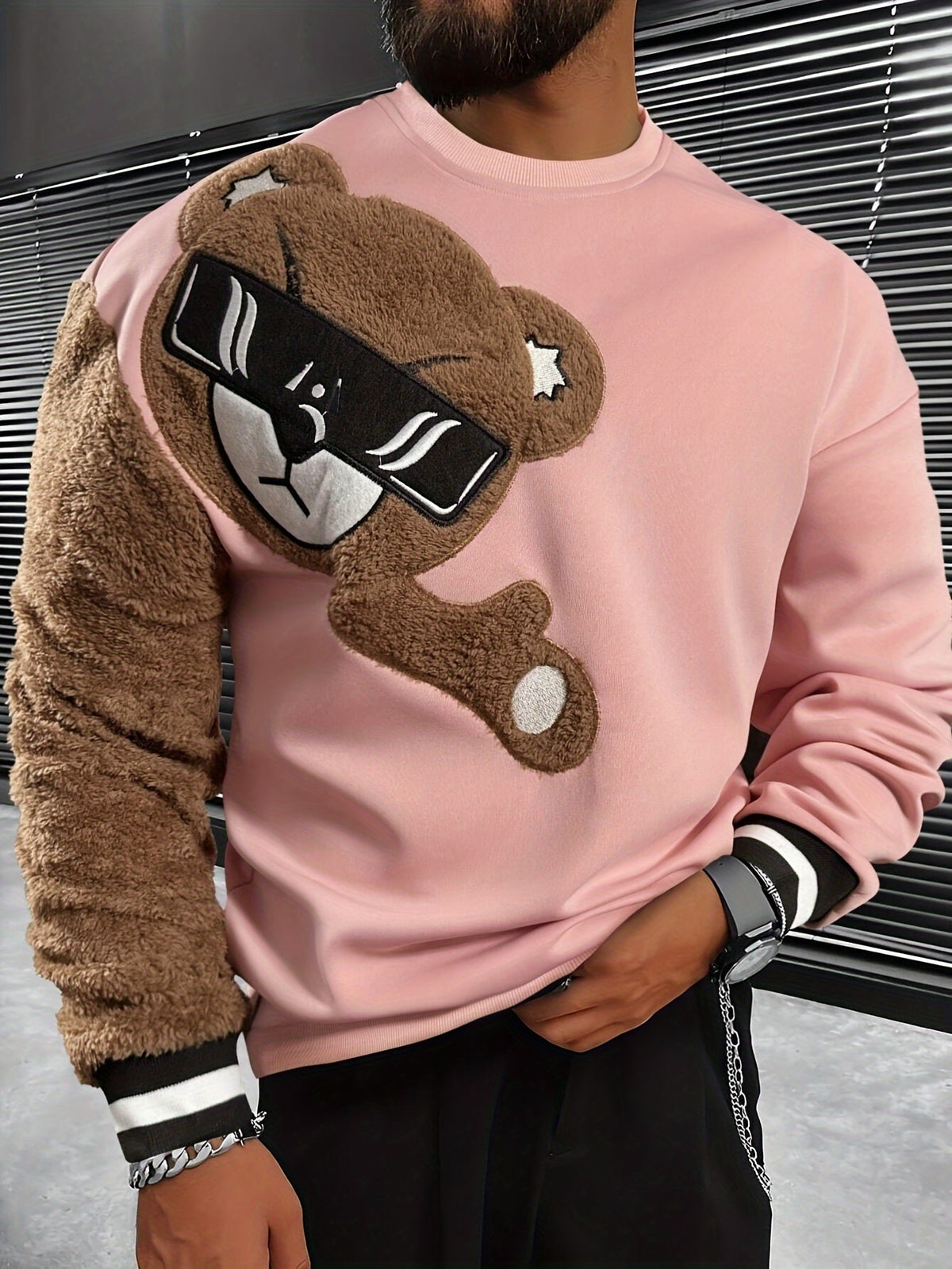 Men'S Fashion Cartoon Bear Long Sleeve Pullover Creative Plush Spliced Casual Sweatshirt