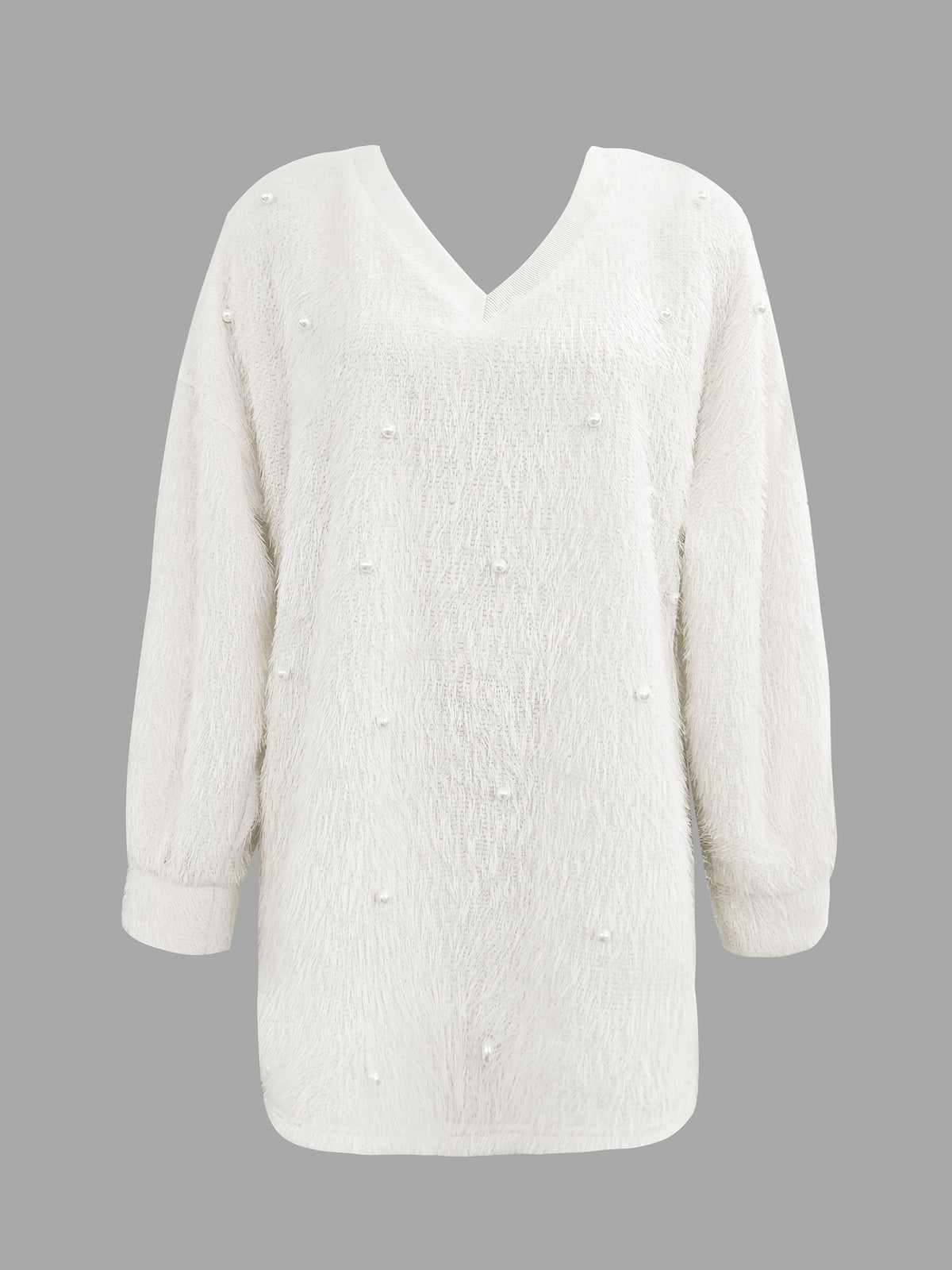 Fashion Solid Color V-Neck Beaded Pullover Casual Loose Long Sleeve Top