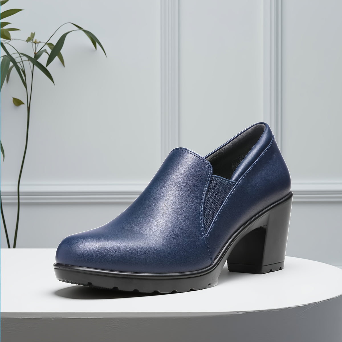 Women's Low Chunky Block Heel Slip-On Pumps - Round Toe Dress Loafers with Cushioned TPR Sole, Low Block Heels Suitable for Office, Business, Casual Wear - - Comfortable Work Shoes, Women Shoes