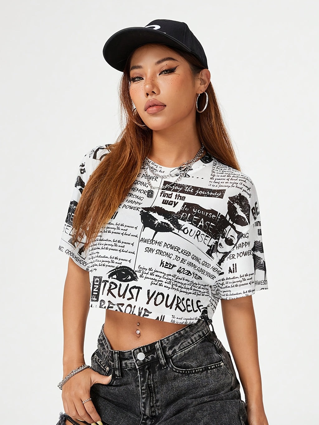 Women's Summer Fashion Newspaper Print Mesh Short Sleeve Crop Top