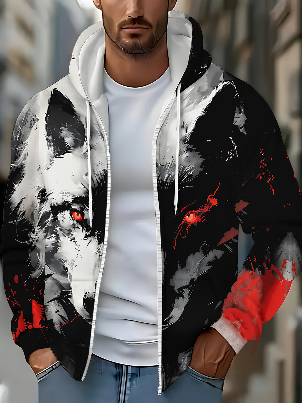 Men's Long-sleeve Zip-up Wolf Print Hooded Sweatshirt, Autumn/winter Casual Outdoor Jacket with Drawstring and Pockets