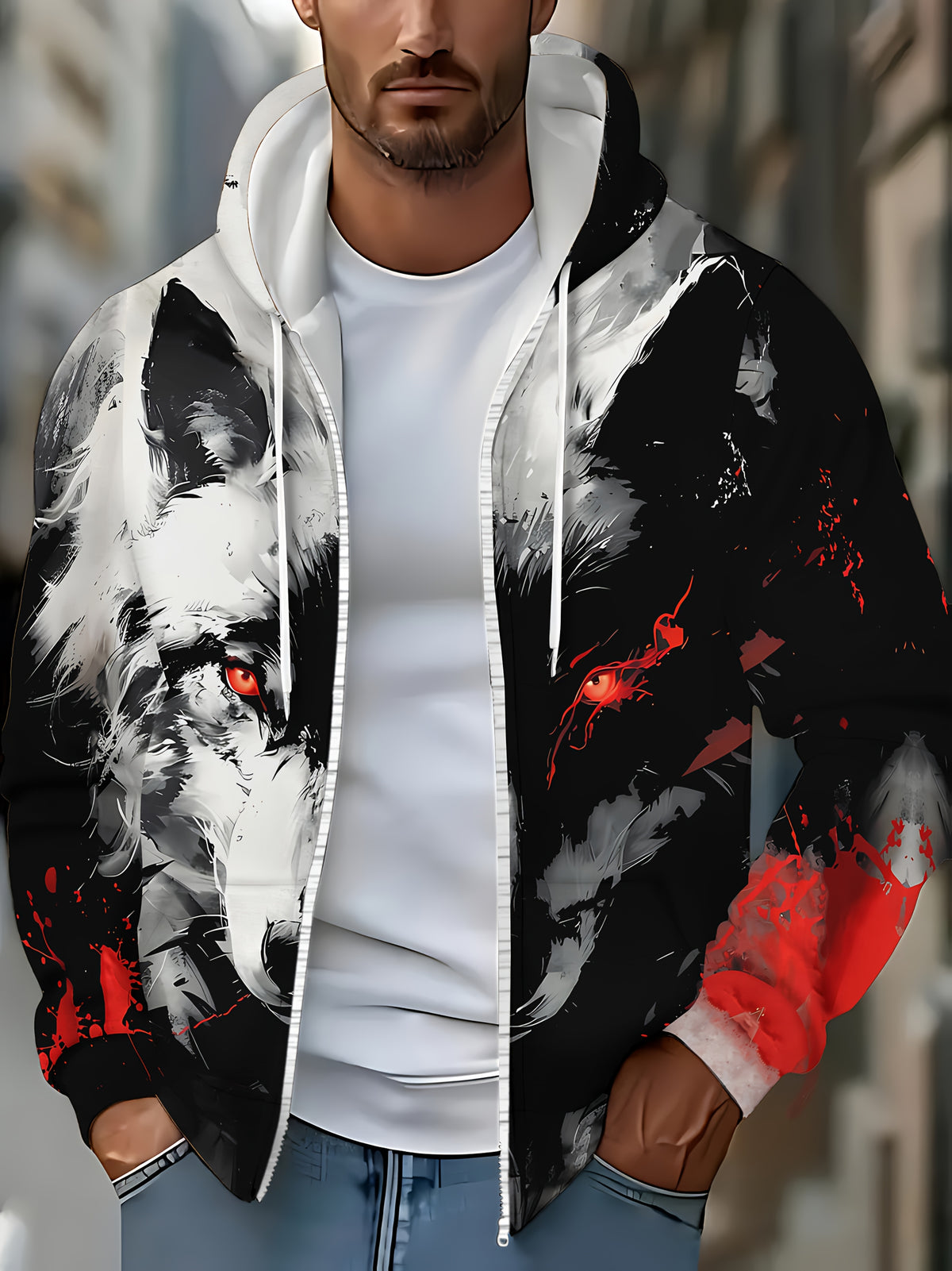Men's Long-sleeve Zip-up Wolf Print Hooded Sweatshirt, Autumn/winter Casual Outdoor Jacket with Drawstring and Pockets