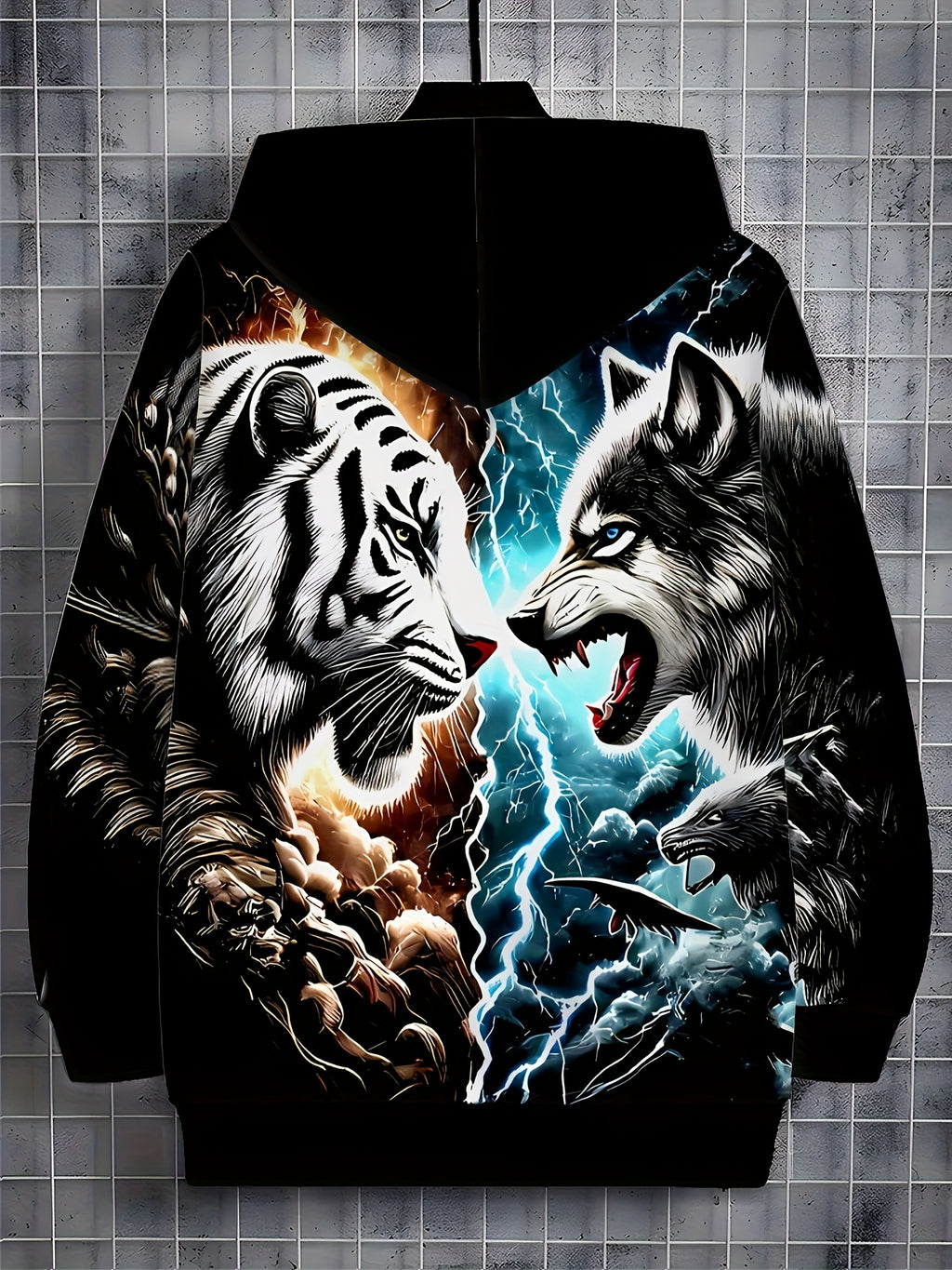 Tiger Wolf Confrontation Print Pattern Long Sleeved Zipper Hooded Sweatshirts for Men, Autumn and Winter Casual Polyester Fiber Fabric Outdoor Jacket with Drawstring and Pockets