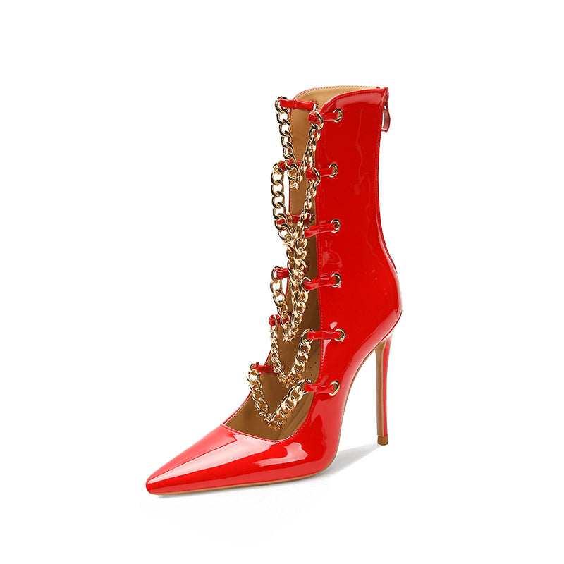 Fashionable Men'S And Women'S Pole Dance Metal Chain Mid-Calf Boots with Back Zipper, Pointed Toe, And Stiletto High Heels, Women Shoes