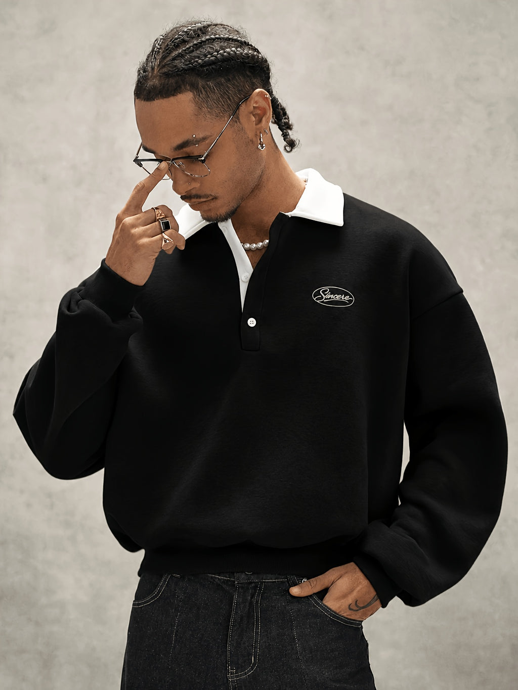 Men'S Loose Minimalist Urban Style Color-Block Polo Neck Sweatshirt, Soft Fabric Half-Button Letter Long Sleeve Pullover Top, Casual Commute City Leisure Wear