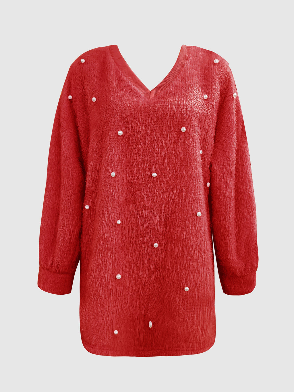 Fashion Solid Color V-Neck Beaded Pullover Casual Loose Long Sleeve Top