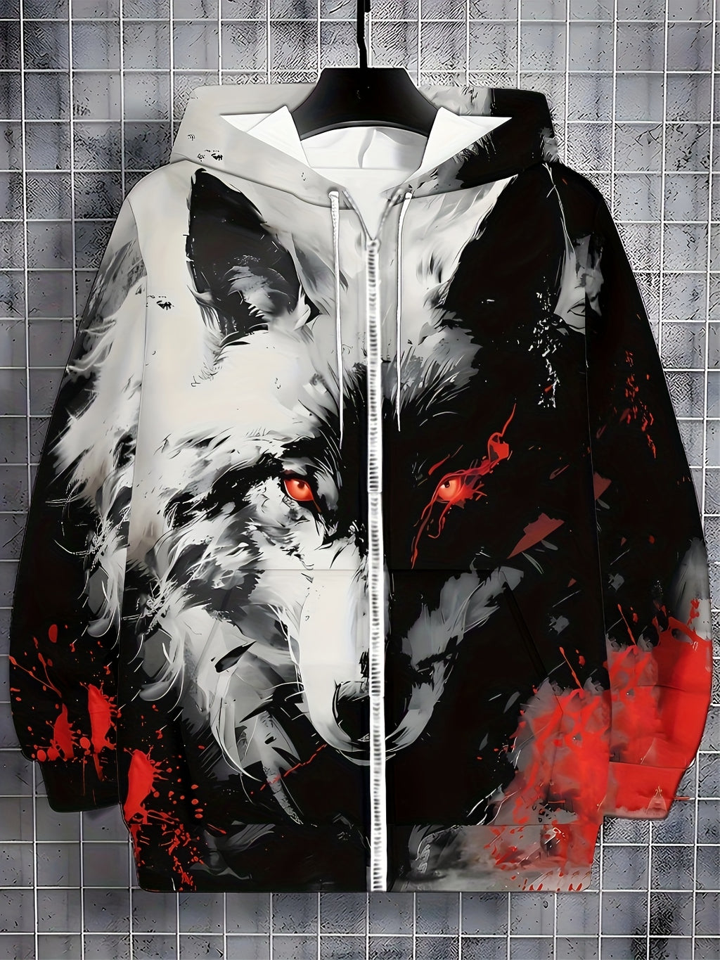 Men's Long-sleeve Zip-up Wolf Print Hooded Sweatshirt, Autumn/winter Casual Outdoor Jacket with Drawstring and Pockets