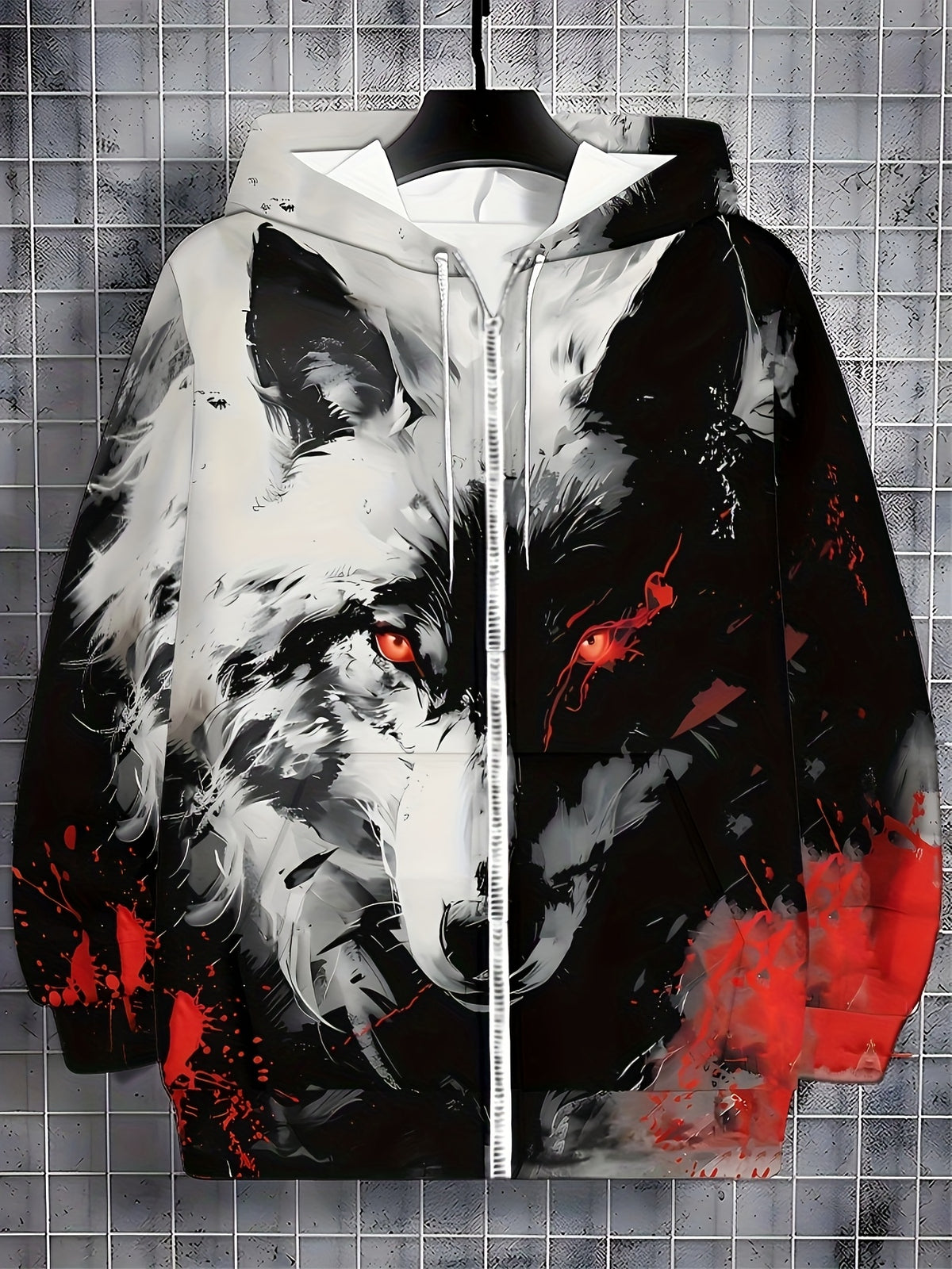 Men's Long-sleeve Zip-up Wolf Print Hooded Sweatshirt, Autumn/winter Casual Outdoor Jacket with Drawstring and Pockets