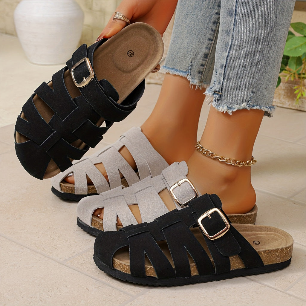 Women's New Summer Outdoor Hollow-Out Slip-On Slippers, Roman Style Thick Sole Flat Sandals, Closed-Toe Half Slippers, Women Shoes