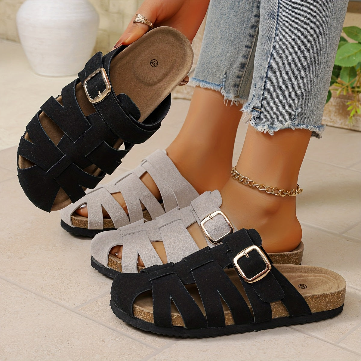 Women's New Summer Outdoor Hollow-Out Slip-On Slippers, Roman Style Thick Sole Flat Sandals, Closed-Toe Half Slippers, Women Shoes