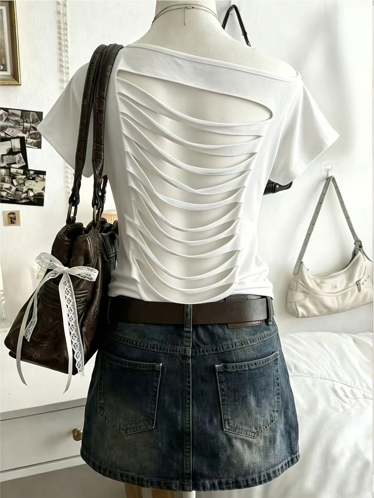 Women's Sexy Solid Color Asymmetrical Neckline Backless Summer T-Shirt, Women's Top
