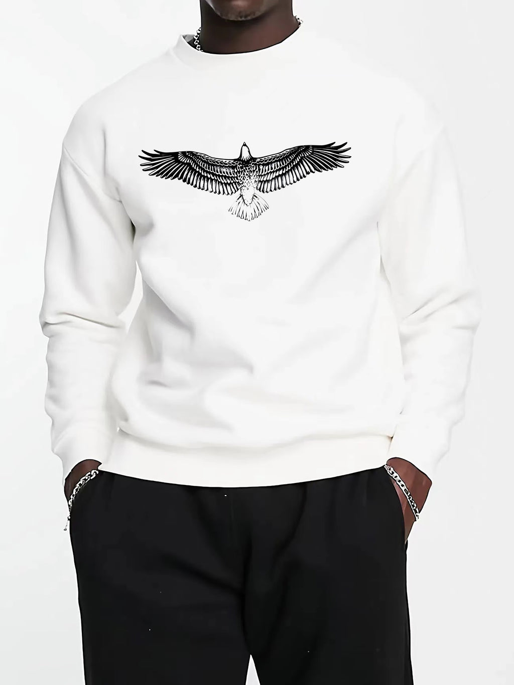 Big Eagle Print Men's Crew Neck Long Sleeve Sweatshirt, Casual Wear, Men's Clothing