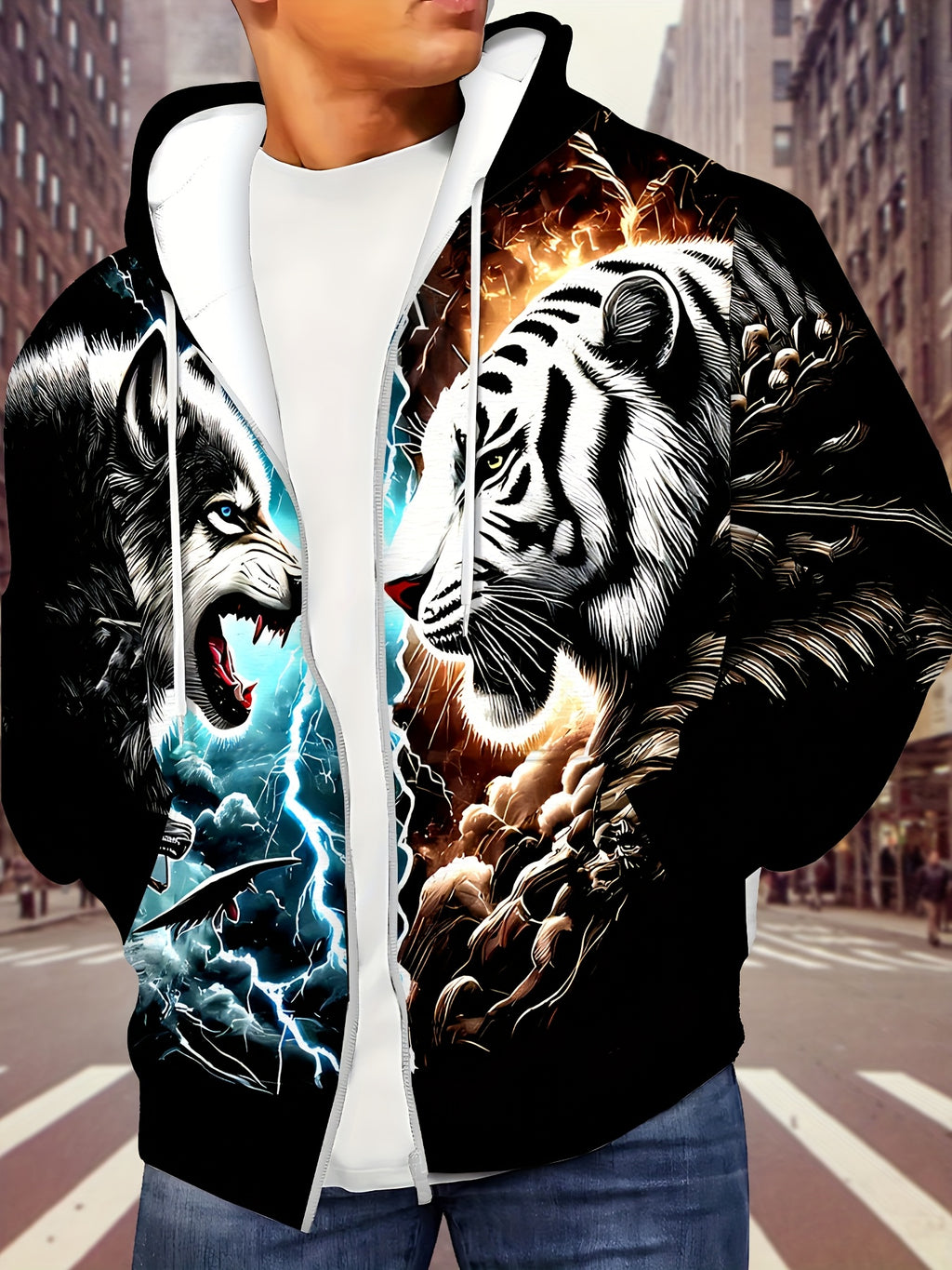 Tiger Wolf Confrontation Print Pattern Long Sleeved Zipper Hooded Sweatshirts for Men, Autumn and Winter Casual Polyester Fiber Fabric Outdoor Jacket with Drawstring and Pockets