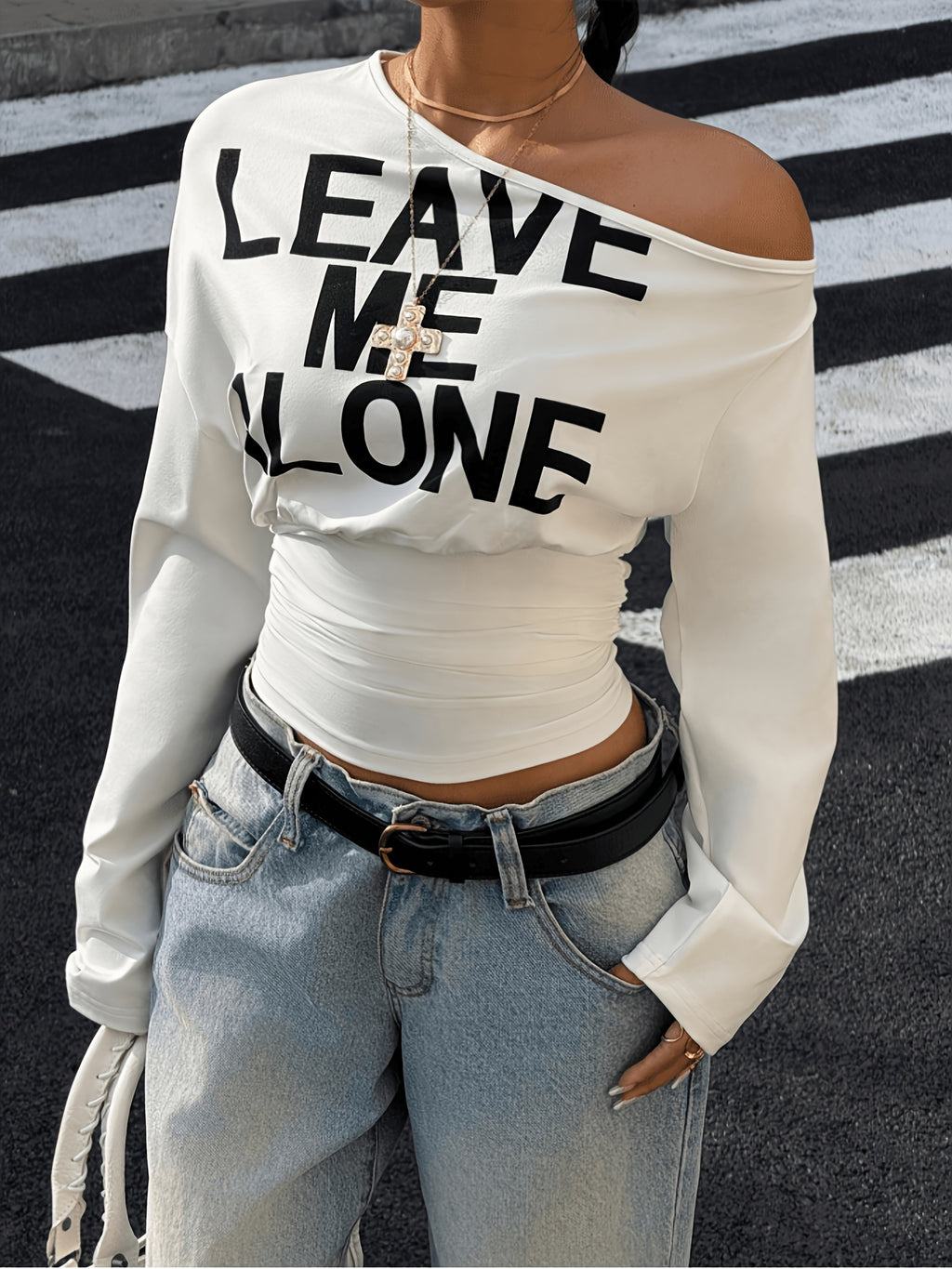 Women'S Letter Print Asymmetrical Shoulder Fitted Short Sleeve Long Sleeve T-Shirt, Suitable for Outdoor, Streetwear, And Y2K Style Clothing