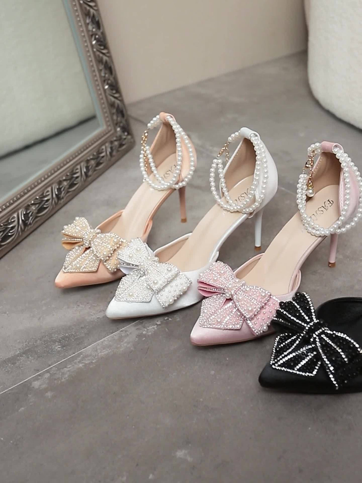 New Women'S High Heels, Elegant Bow, Noble Satin Surface, Temperament Pearl Anklet, Pointed Stiletto Hollow Design, Various Outfits, Wedding Scene Party Scene, Women Shoes
