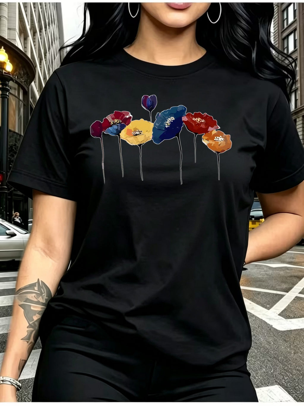 Women'S Casual Short Sleeve T-Shirt with Geometric Print, Relaxed Fit Round Neck White Black Gray Pattern Sizes S to XXL (Standard Sizing), Machine Washable All Season Casual Wear, Versatile