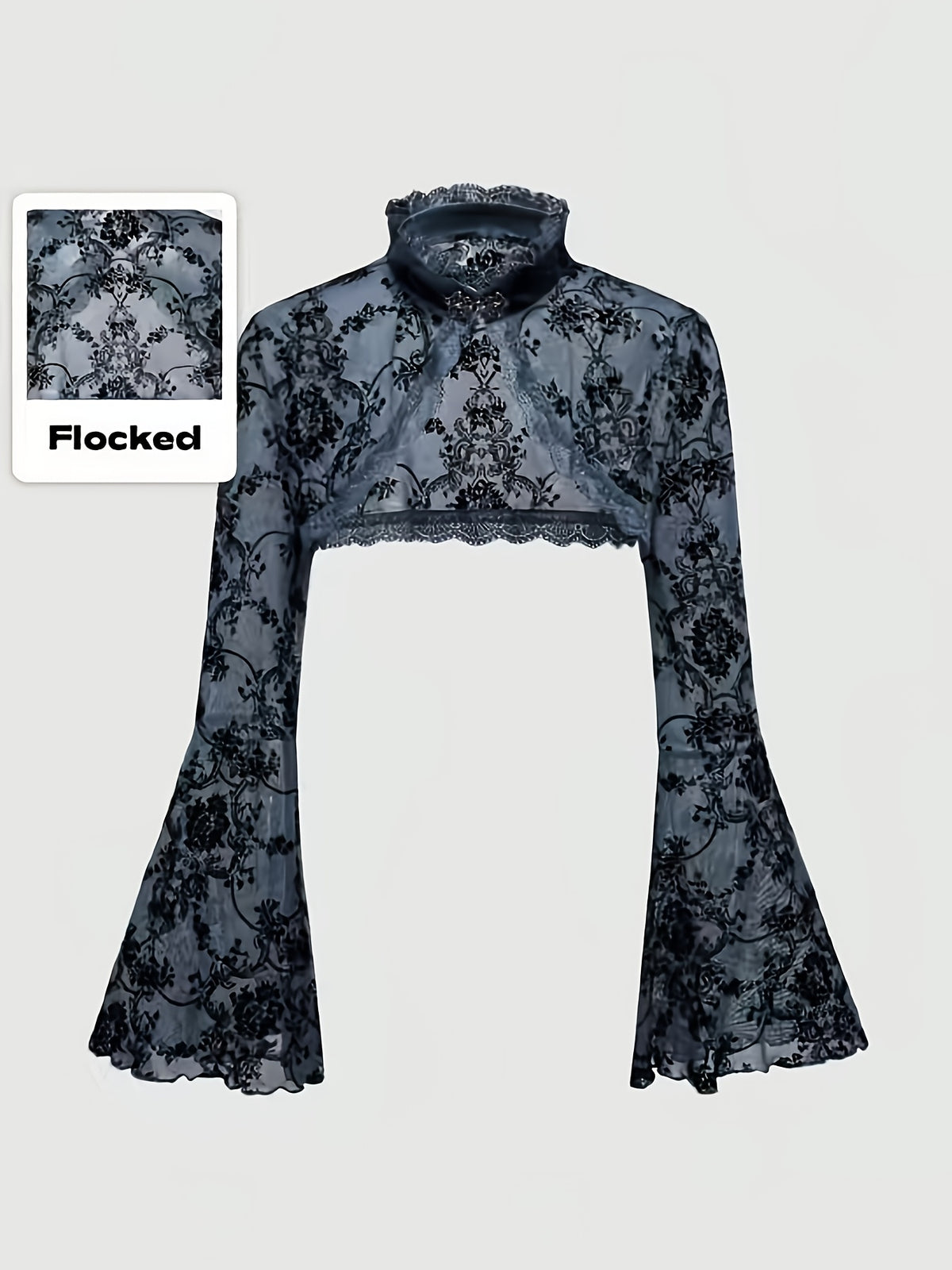 [Black Velvet Shirt] Women's Black Velvet High-Neck Bell Sleeve Short Outer Decorative Shirt