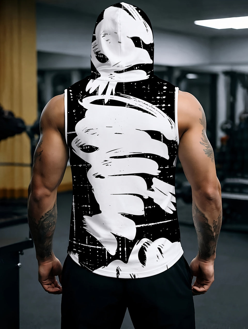Men'S Hooded Sleeveless Top Black And White Ink Splash Print Sports Fitness Vest Daily Casual Trendy Versatile Breathable Comfortable Slim Fit for Workout Gym Training