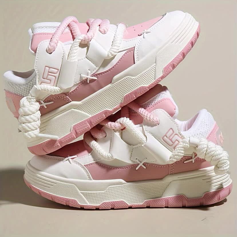Women'S Niche Design Thick Shoelaces Student Cute Pink Bread Shoes Women'S Ugly Cute Leatherette Girly Thick Sole Height Increasing Sneakers, Women Shoes