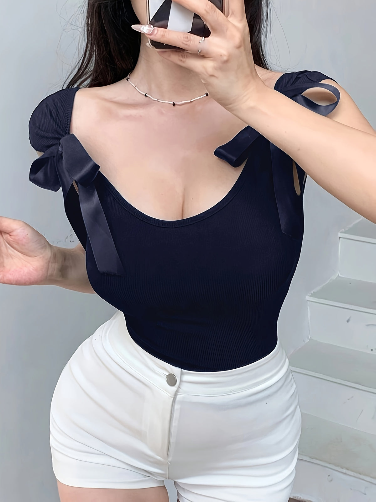 Lin Zuojia Women's Bow Strap Backless T-Shirt - Short Sleeve Round Neck Bow Accent Top, Medium Stretch Fitted Blouse for Spring Summer Fall Layering, Solid Color Casual Wear, Machine Washable Backless Shirt