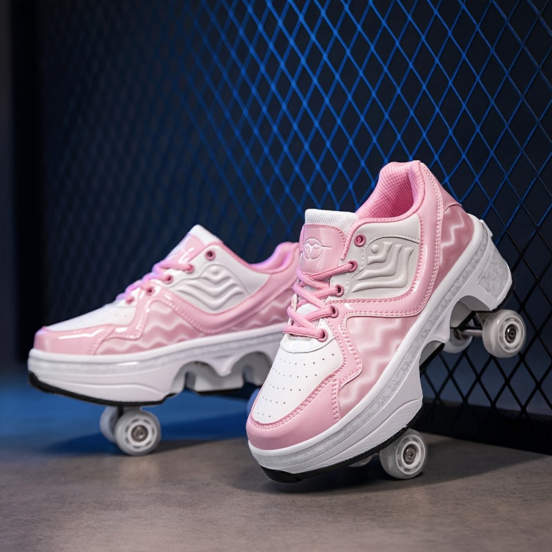 Women'S Casual Sneakers, Lightweight Roller Skates, with Removable Wheels, Suitable for And, Four Seasons Outdoor Fun, Durable PU Material, Women Shoes