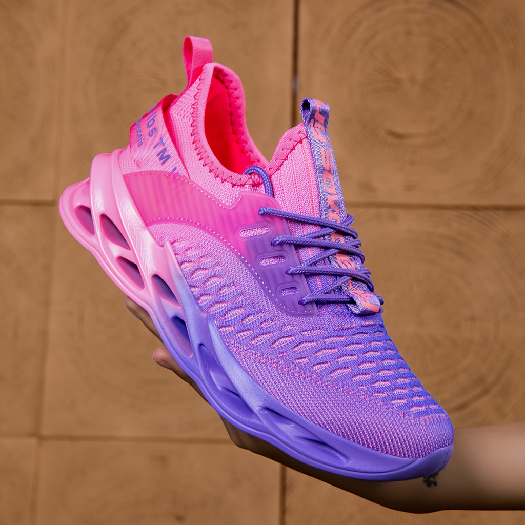 Pink Purple Gradient Women'S Casual Running Shoes: Mesh Knit And Hollow Sole, Lace-Up Sports Fitness Shoes for Running Training, Everyday Outdoor, Women Shoes, Sneakers