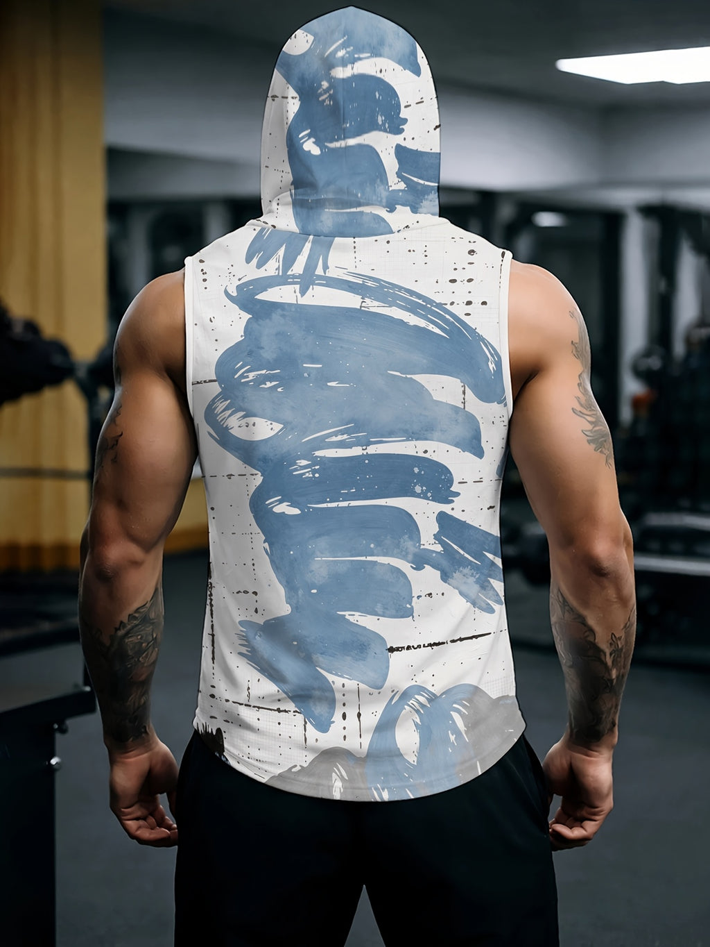 Men'S Hooded Sleeveless Top Black And White Ink Splash Print Sports Fitness Vest Daily Casual Trendy Versatile Breathable Comfortable Slim Fit for Workout Gym Training
