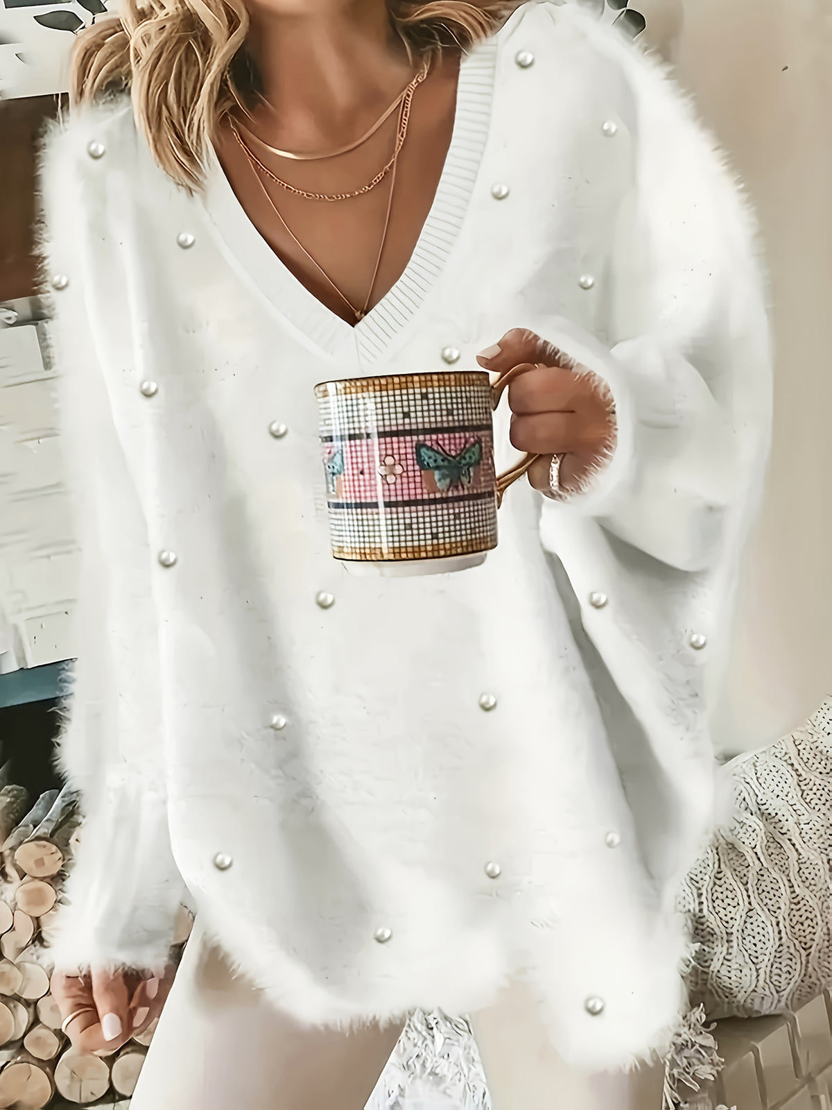 Fashion Solid Color V-Neck Beaded Pullover Casual Loose Long Sleeve Top