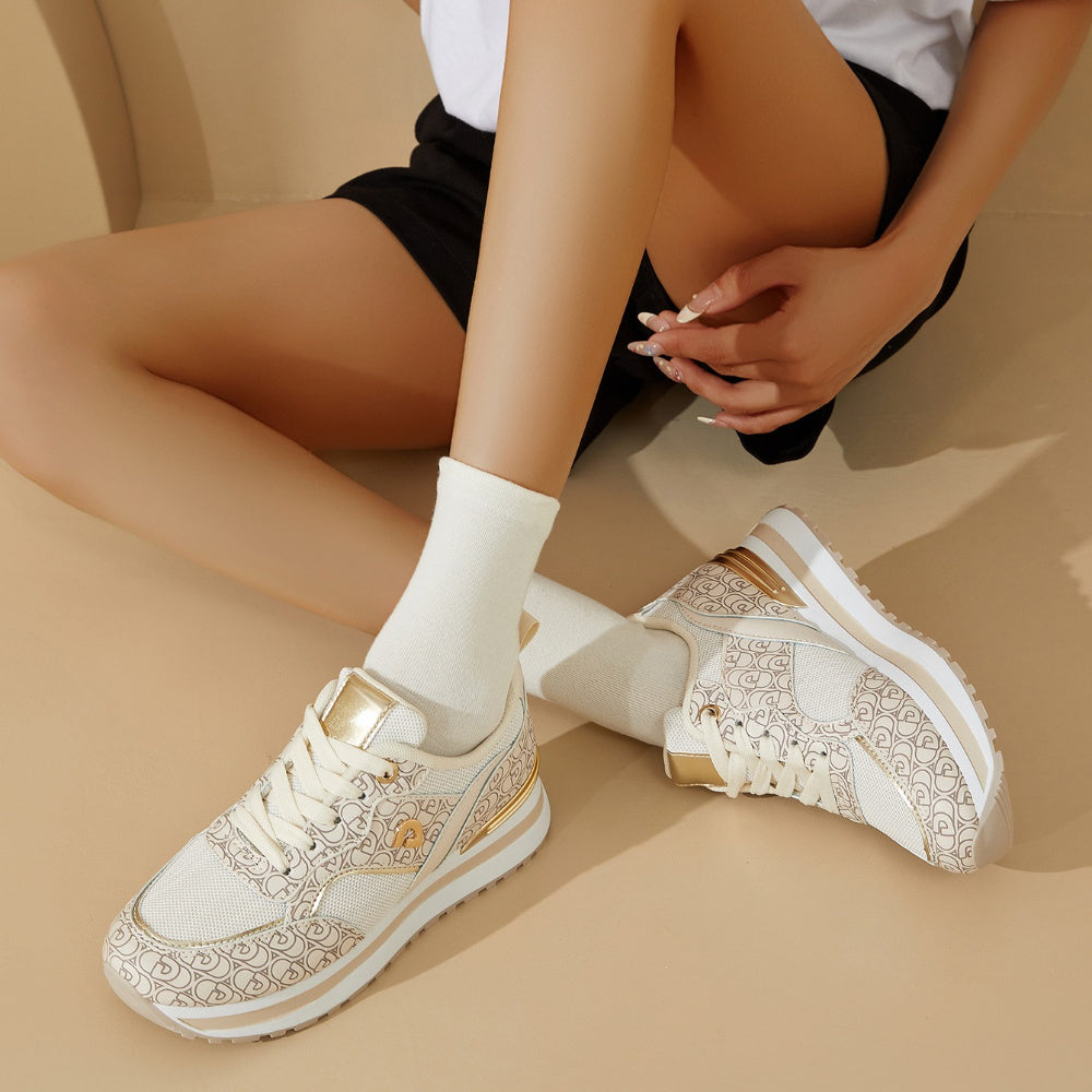 Desai Women's Sneakers with Letter Pattern Design, Platform Sole Fashion Shoes, Student Thick-Soled Running Shoes, Round Toe Lace-Up Low-Top Sneakers, Women Shoes