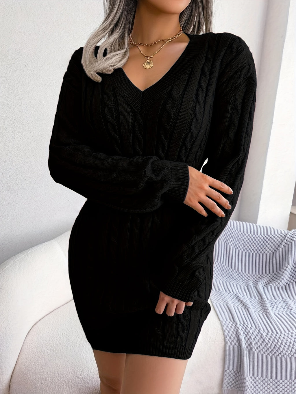 Women'S Directional Cable Sweater Dress Solid Off-Shoulder Sleeve