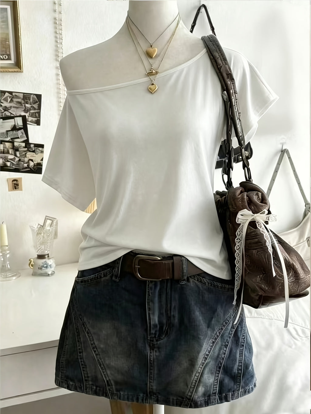 Women's Sexy Solid Color Asymmetrical Neckline Backless Summer T-Shirt, Women's Top