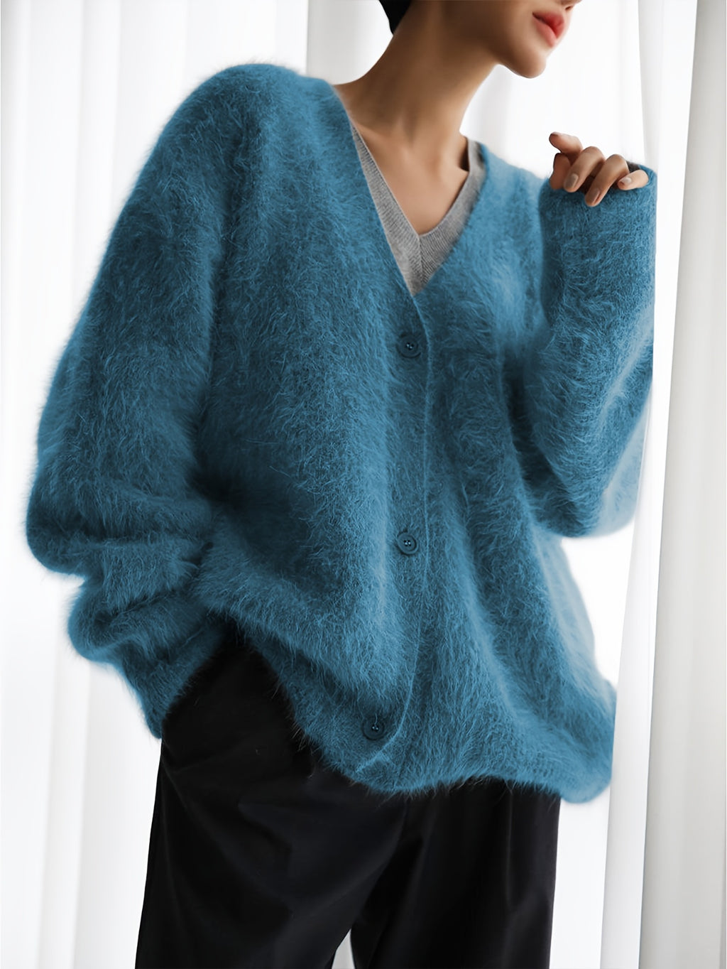 #B0827 Loose Long Sleeve V-Neck Sweater Jacket, Fashionable Easy Women'S Cardigan, Stylish Comfortable Sweater, Easy Elegant Open Front, Versatile Top for Casual, Dates, Parties, Or Business
