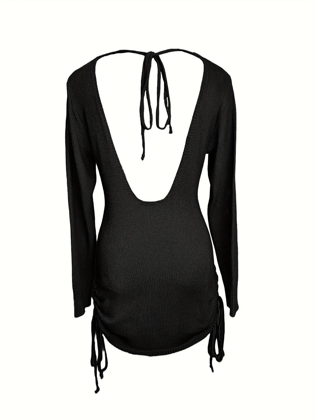 Solid Color Open-neck Sweater Dress, Elegant Backless Long Sleeve Drawstring Hem Wrap Skirt