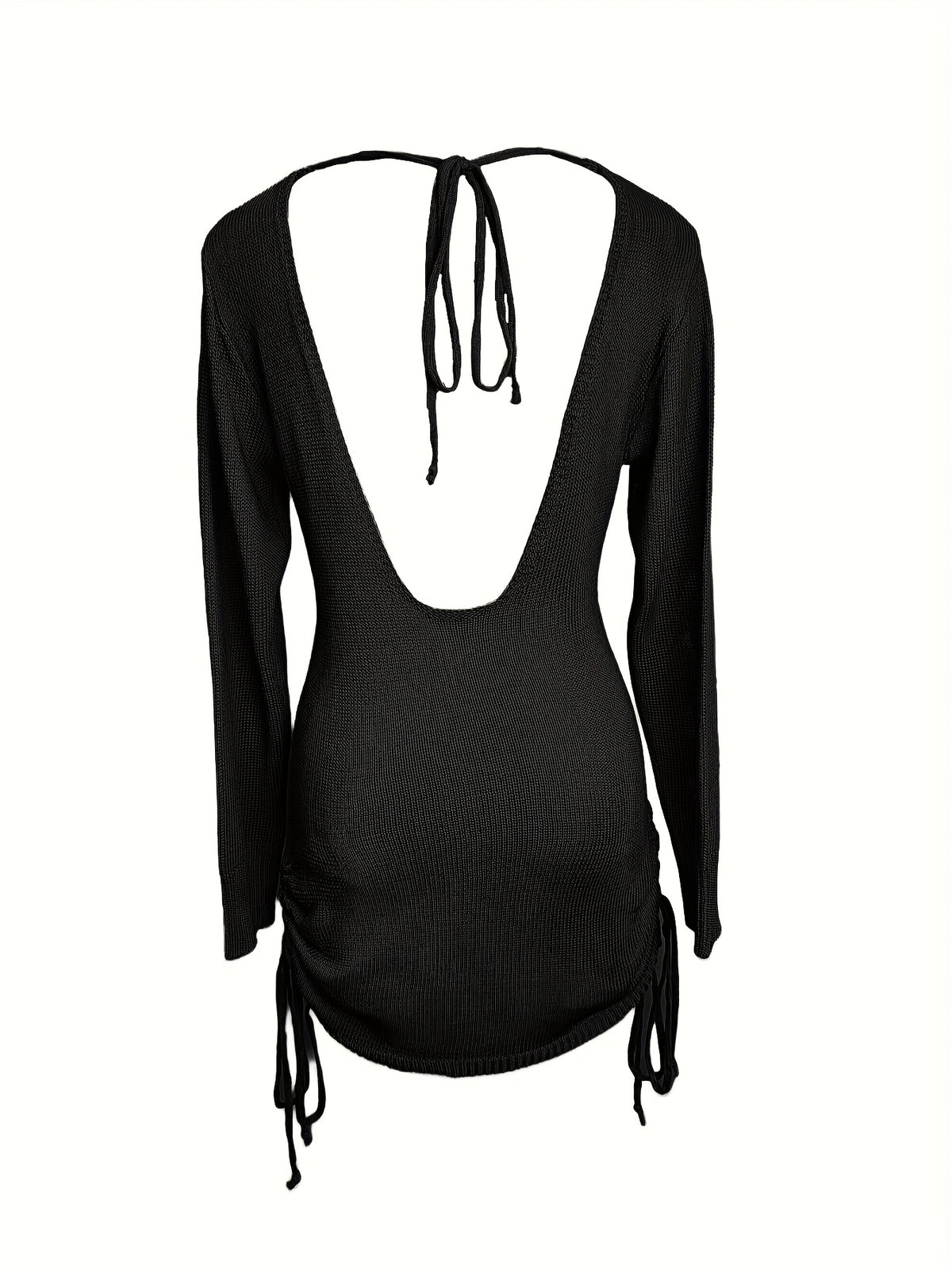 Solid Color Open-neck Sweater Dress, Elegant Backless Long Sleeve Drawstring Hem Wrap Skirt