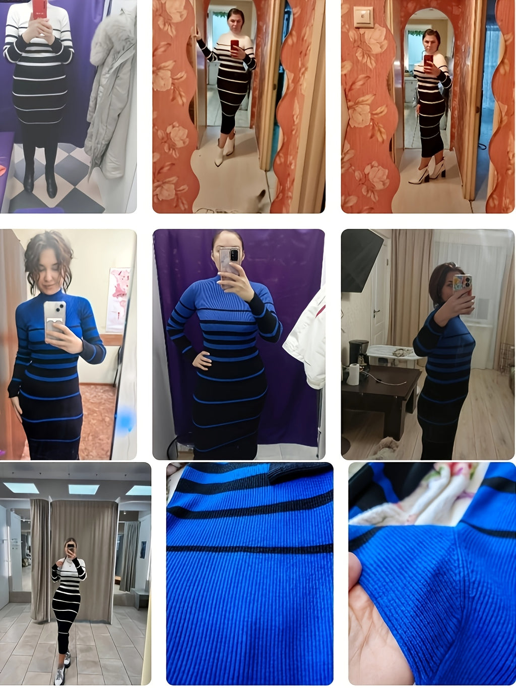 Stylish Commuter Casual Slim Fit Sweater Dress with Round Neck, Long Sleeves and Hip-Hugging Design in Striped Contrast for All Seasons
