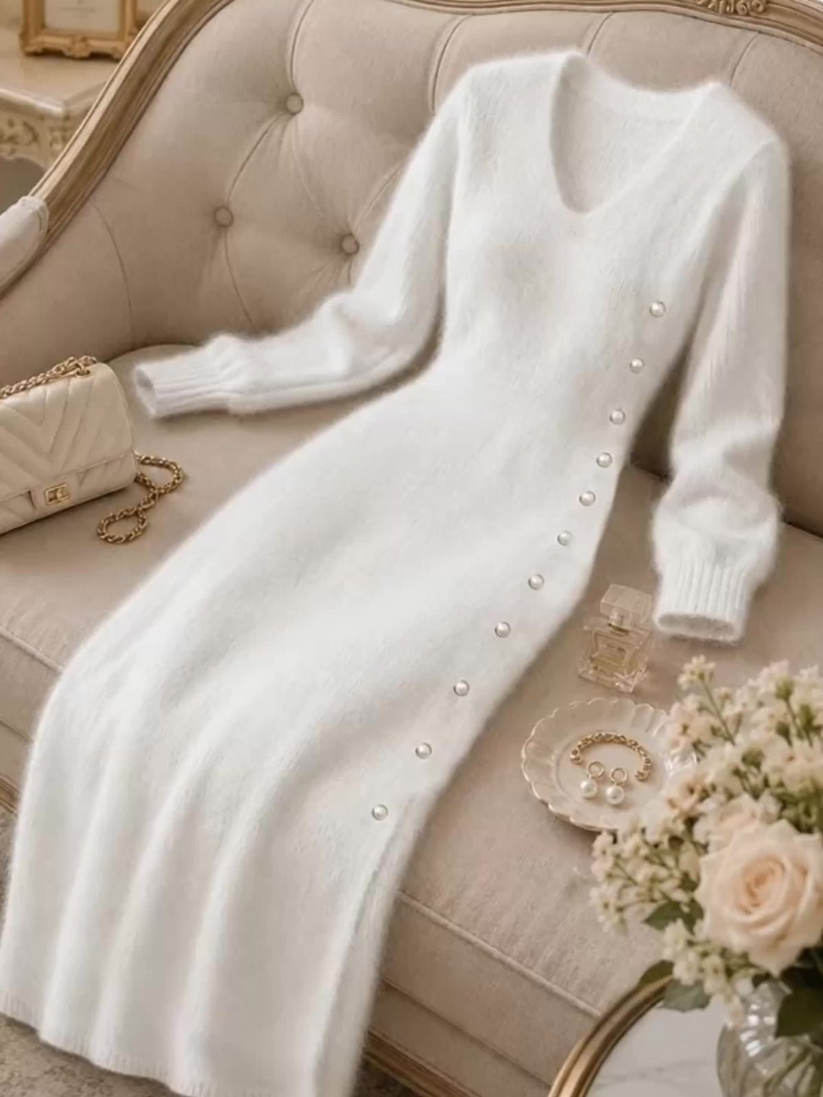 Women's Casual Plush Maxi Dress, V-Neck Long Sleeve Button Front Split Sweater Dress, Versatile for Autumn/Winter Daily Commuting, Soft and Comfortable Fabric, Christmas Style, Suitable for Party Outfits and Banquet Attire