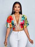 Women's Elegant Tropical Print Ruched Cut-Out Slim-Fit Metal Ring Buckle Short Sleeve T-Shirt, Crop Top V-Neck Summer Top, Suitable for Beach Vacations