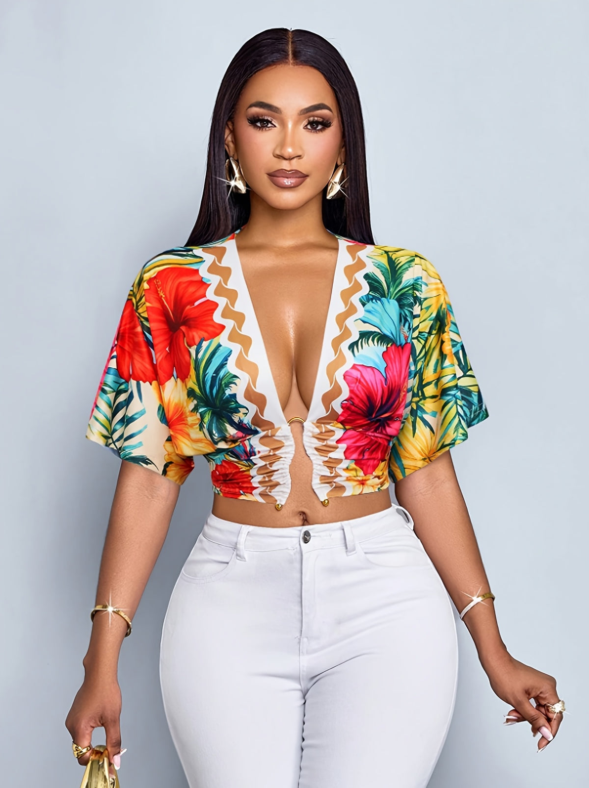 Women's Elegant Tropical Print Ruched Cut-Out Slim-Fit Metal Ring Buckle Short Sleeve T-Shirt, Crop Top V-Neck Summer Top, Suitable for Beach Vacations