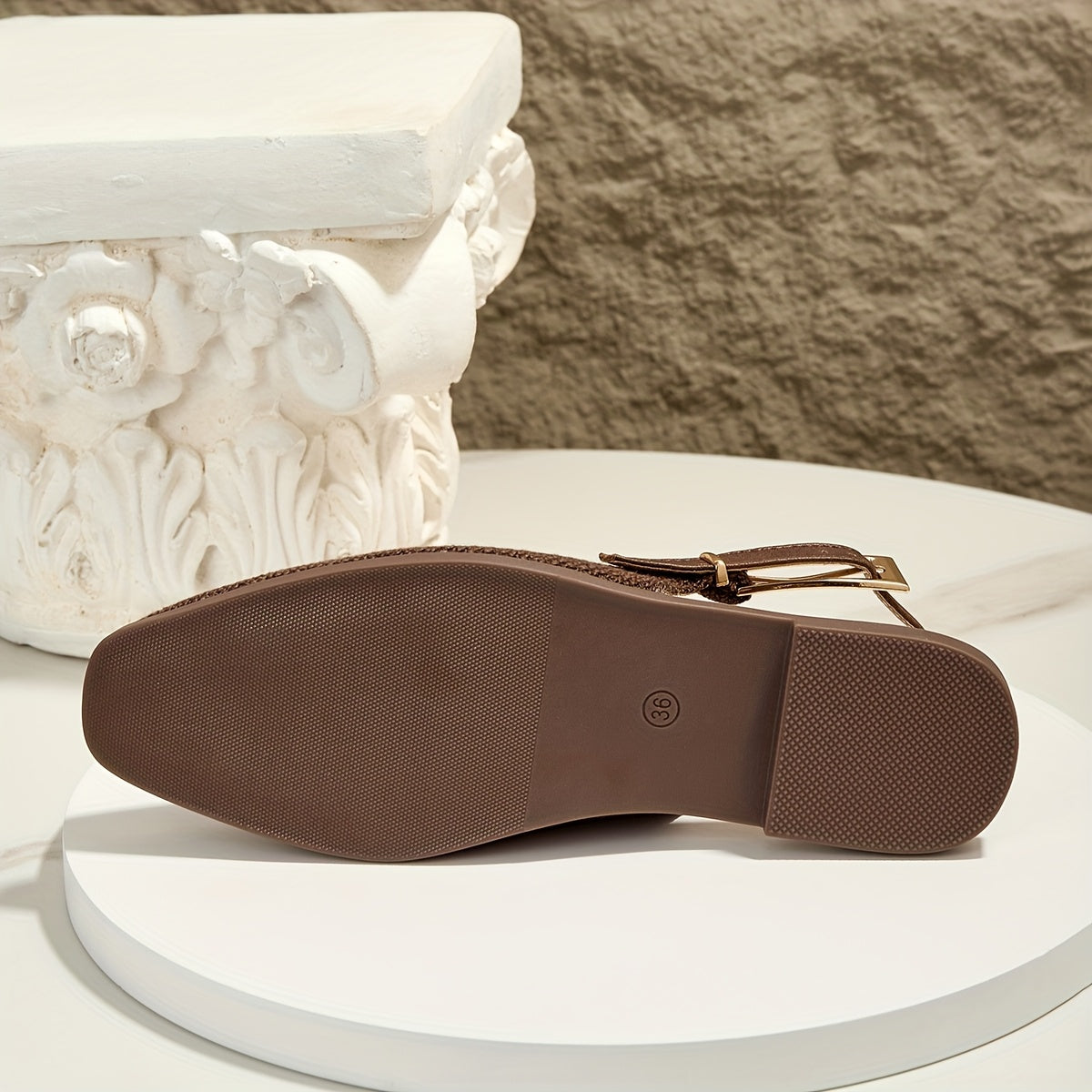 Brown Apricot Linen Square Toe Soft Sole, Shallow Mouth Metal Buckle Women'S Flat Sandals, Women Shoes