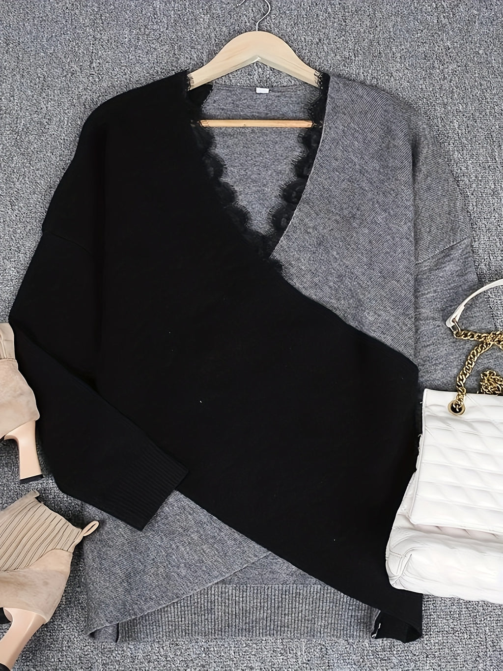 Fashion Lace Patchwork V-Neck Sweater