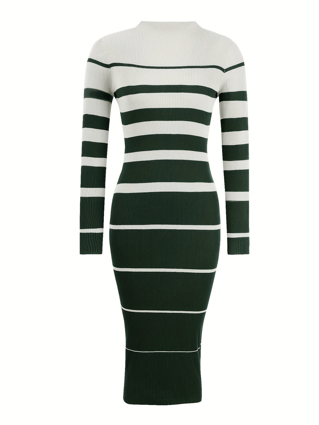 Stylish Commuter Casual Slim Fit Sweater Dress with Round Neck, Long Sleeves and Hip-Hugging Design in Striped Contrast for All Seasons