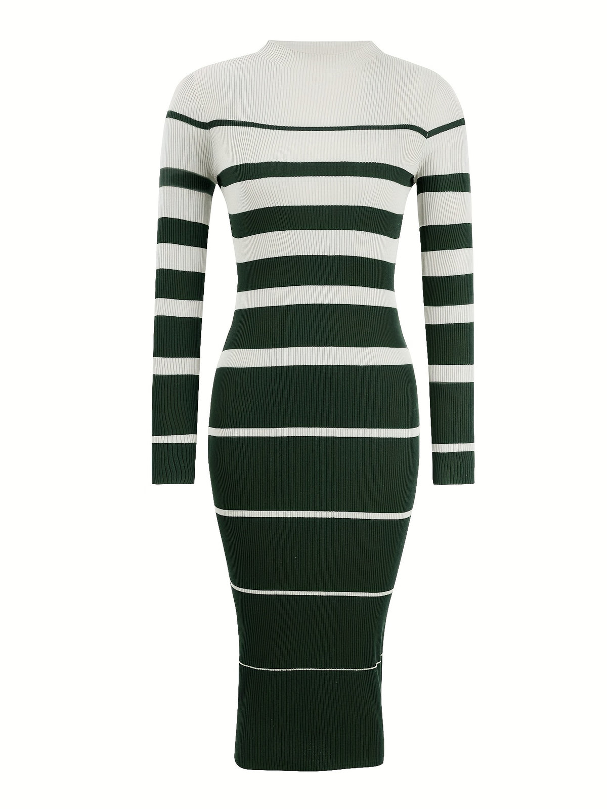 Stylish Commuter Casual Slim Fit Sweater Dress with Round Neck, Long Sleeves and Hip-Hugging Design in Striped Contrast for All Seasons