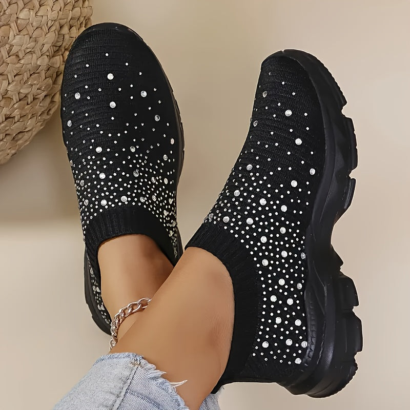 [Stretch Socks Sneakers] Women's Stretch Socks Shoes with Rhinestone Embellishments, Low-Top Knit Sneakers, Breathable Walking Sneakers with EVA Soft Soles, Women Shoes Elegant Women Shoes Classy Lady Shoes