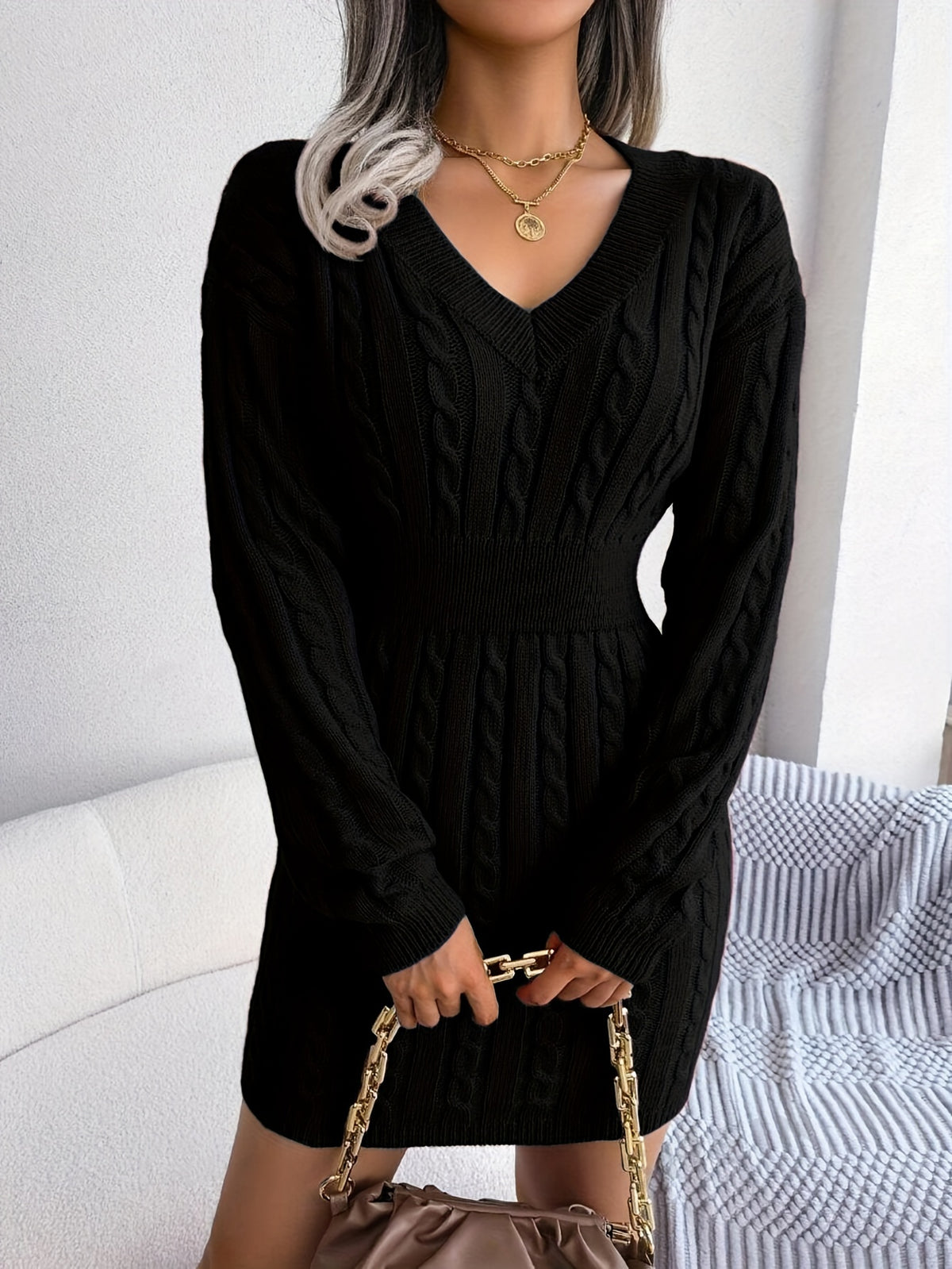 Women'S Directional Cable Sweater Dress Solid Off-Shoulder Sleeve