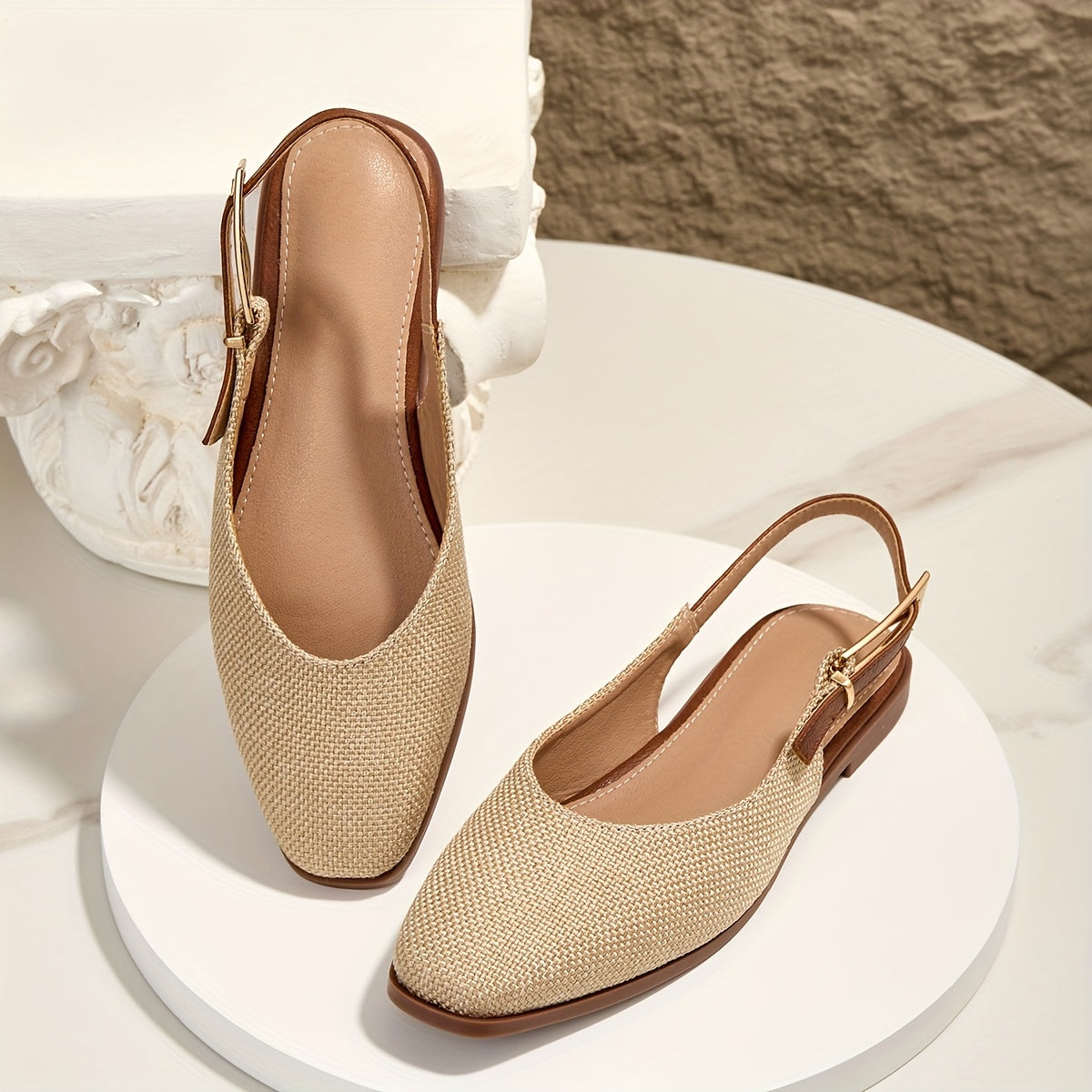 Linen Square Toe Soft Sole, Shallow Mouth Metal Buckle Women'S Flat Sandals, Women Shoes